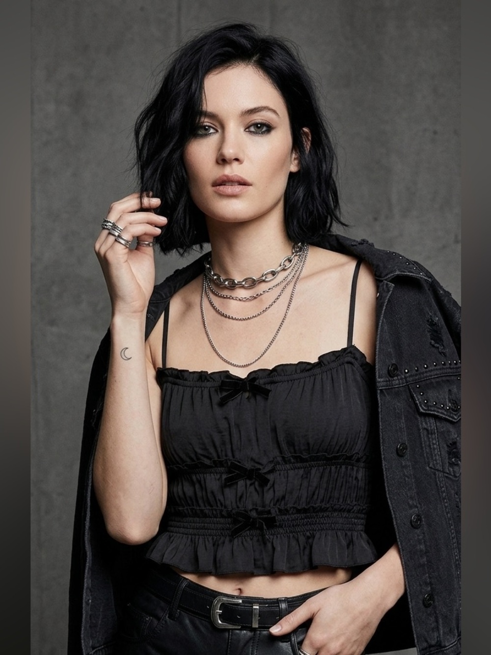 The Kooples Black Ruffle Bow Detail Cami Top Smocked Coquette Romantic Crop⁠ 2 M